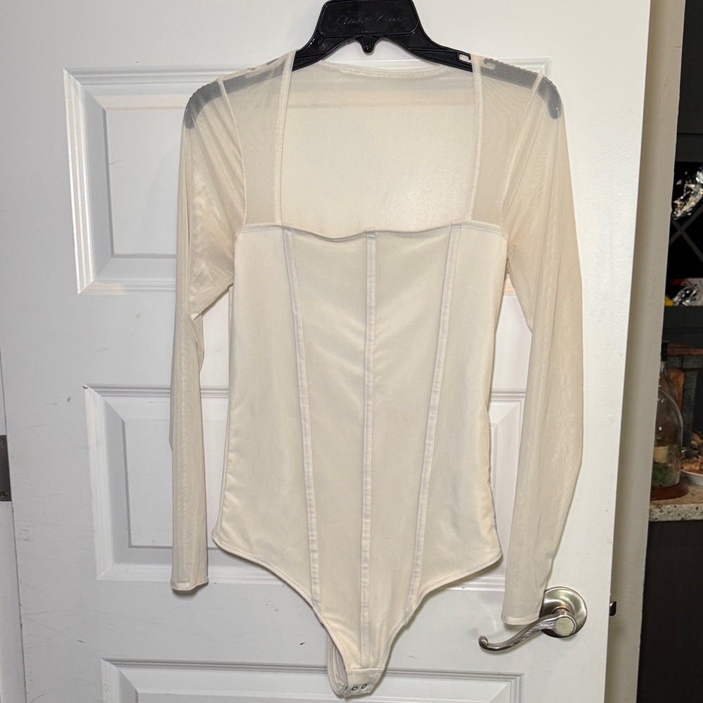 Elegant Corset Style Cream Long Sleeve Bodysuit